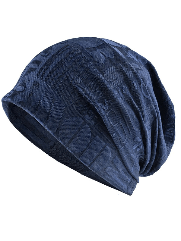 Unisex casual scarf-hat with knitted letters and flower pattern in navy blue, perfect for outdoor activities. Cotton-polyester blend.